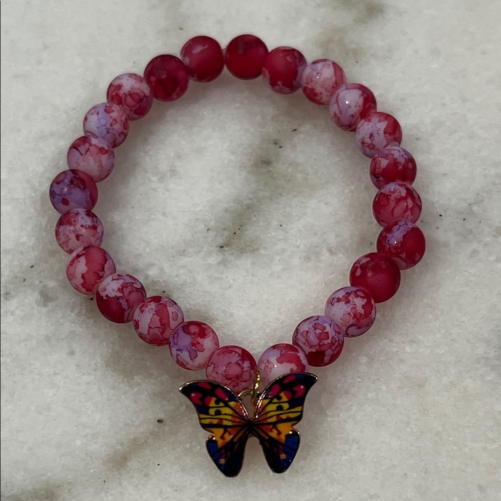 Red and Pink Beaded Bracelet with Butterfly Charm